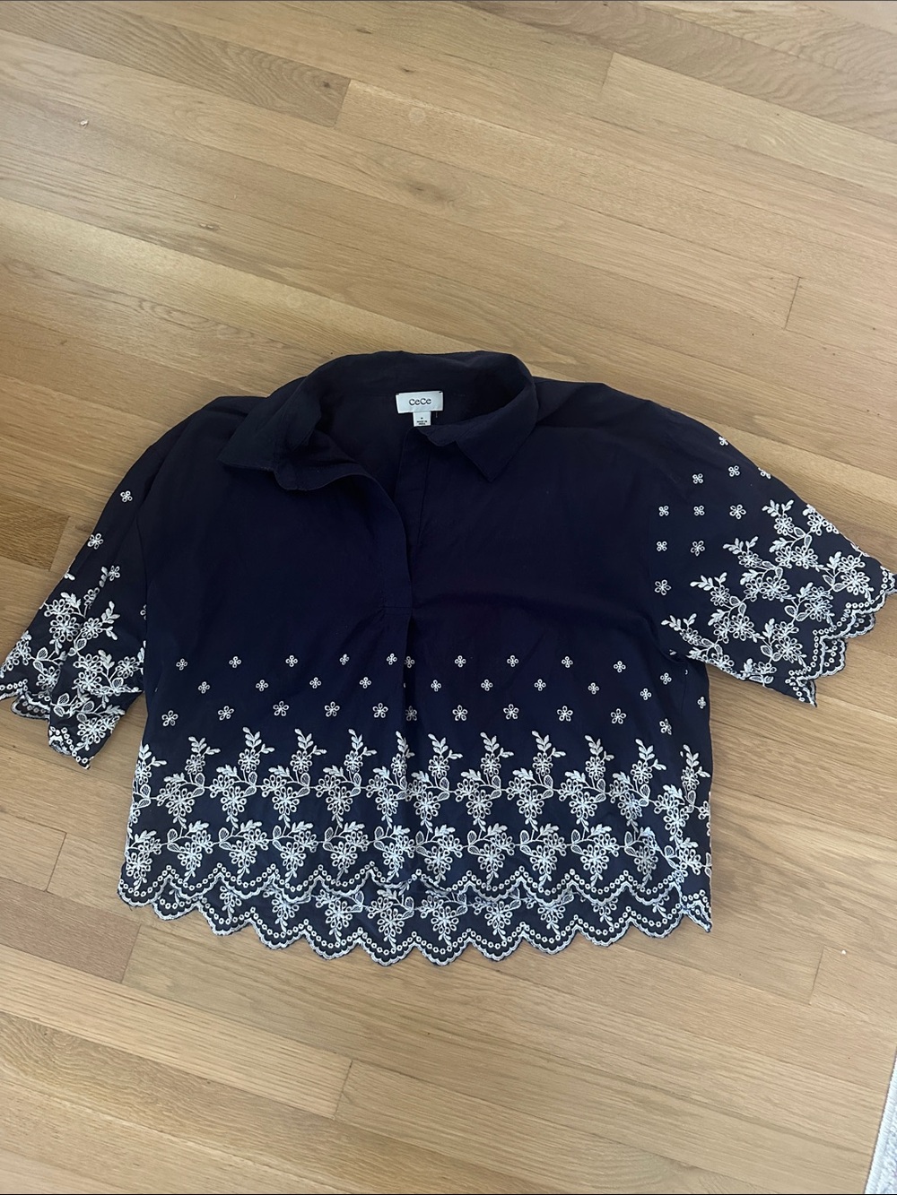 CeCe Navy Short-Sleeve Top with White Embroidery
